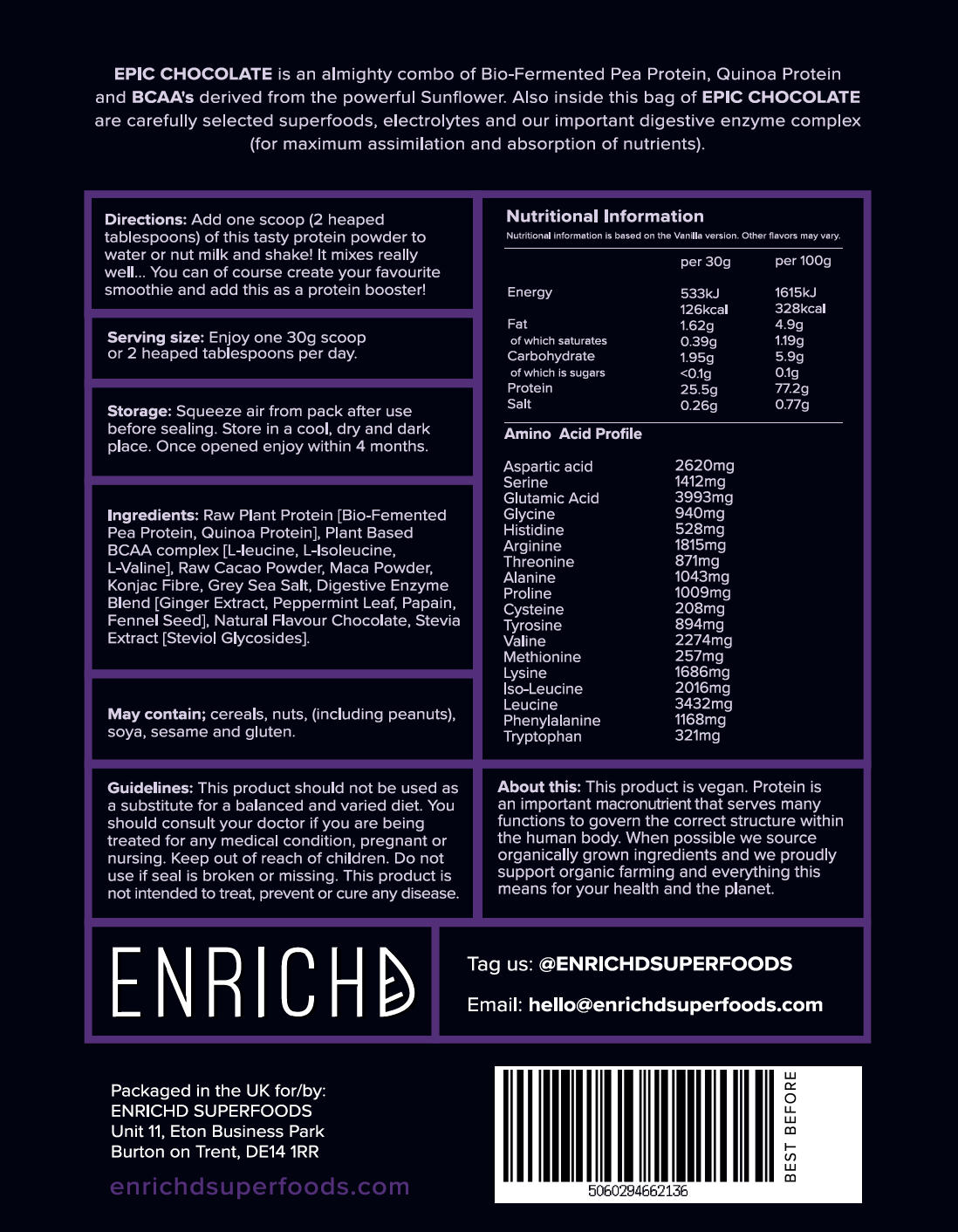 ENRICHD SUPERFOODS, Protein, EPIC CHOCOLATE Protein Powder, BCAA's, Plant Based, Vegan, gluten free, dairy free, gmo free, protein powder