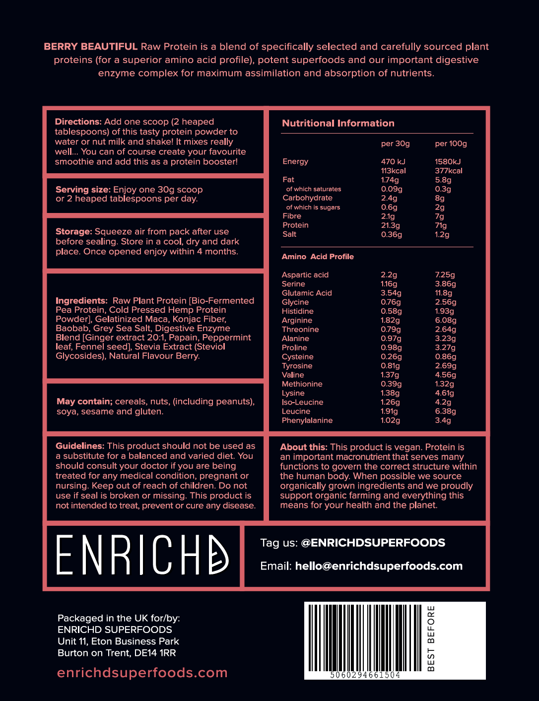 ENRICHD SUPERFOODS, Protein, BERRY PROTEIN Powder, Plant Based, Vegan, gluten free, dairy free, gmo free, protein powder