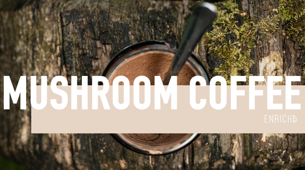 A cup of mushroom coffee alongside Cordyceps, Lion’s Mane, and Reishi mushroom powders for sustained energy and focus