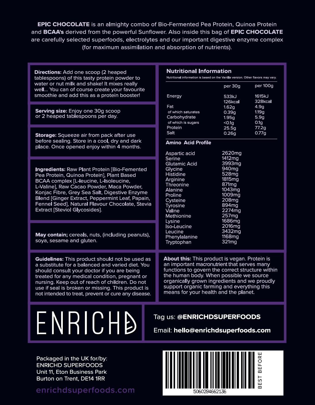 
                  
                    ENRICHD SUPERFOODS Protein EPIC CHOCOLATE Protein Powder (BCAA's) Plant Based & Vegan
                  
                